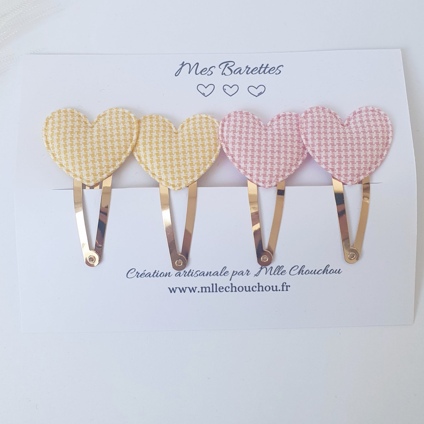 barrettes cœur vichy jaune rose Mlle ChouChou